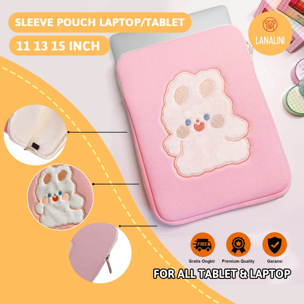 Sleeve Pouch Sarung Tas Bag Case Ipad Tab Tablet Macbook Air Pro Laptop Asus Acer Lenovo HP Huawei 11 12 13 14 15 inch Motif Gambar Rabbit Kelinci Bunny Warna Pink Lucu Cute Murah Korean Model