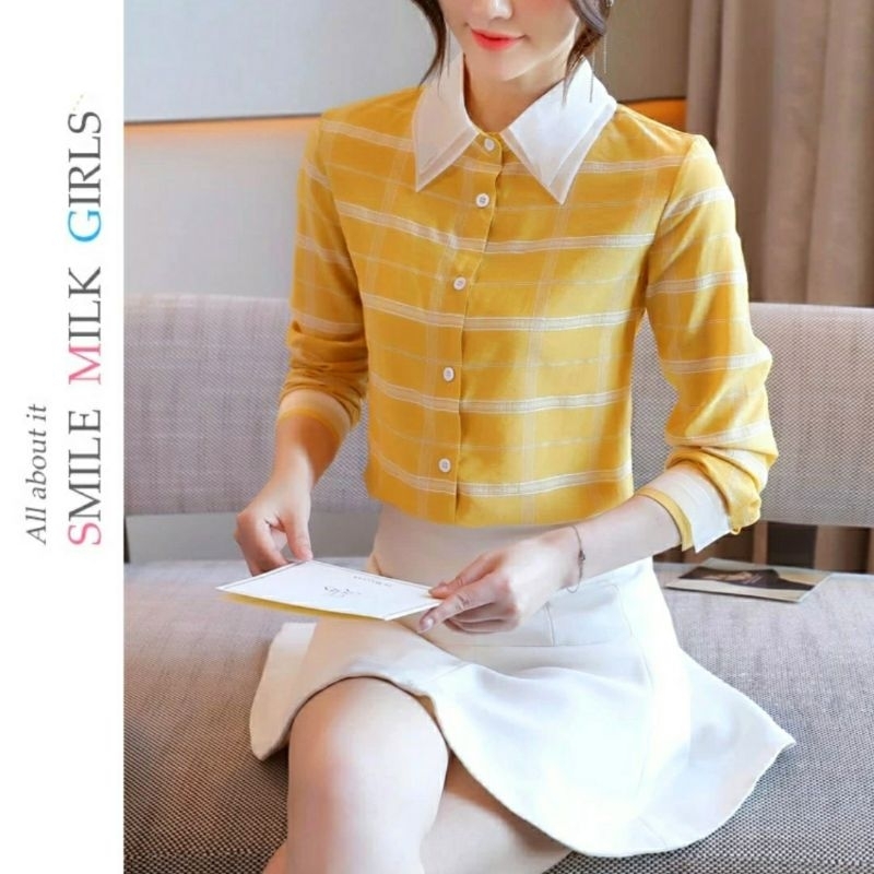 fashion baju  blus blouse kemeja lengan panjang tangan kotak besar hijau kuning gaya korea kerah kan