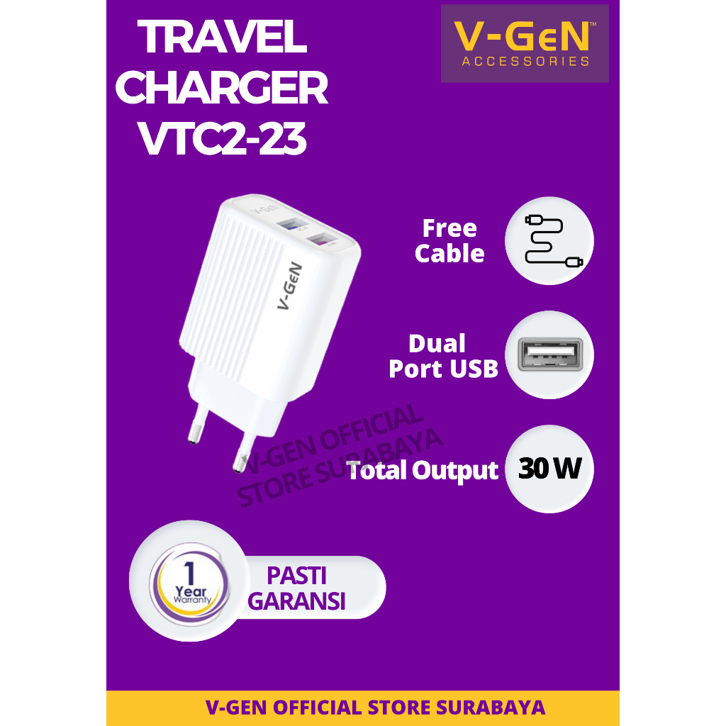 Adaptor Charger V-GeN VTC2-23 Fast Charging QC3.0 Dual Port USB 30W