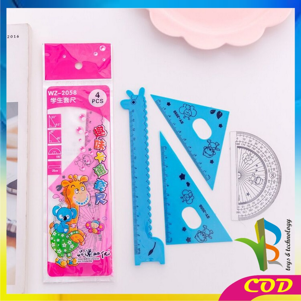 RB-A66 Penggaris Plastik 15cm Set Isi 4 Alat Tulis Sekolah Kantor Karakter Motif Jerapah / Penggaris Matematika Pengaris Garisan Penggaris Set / Ruler Set