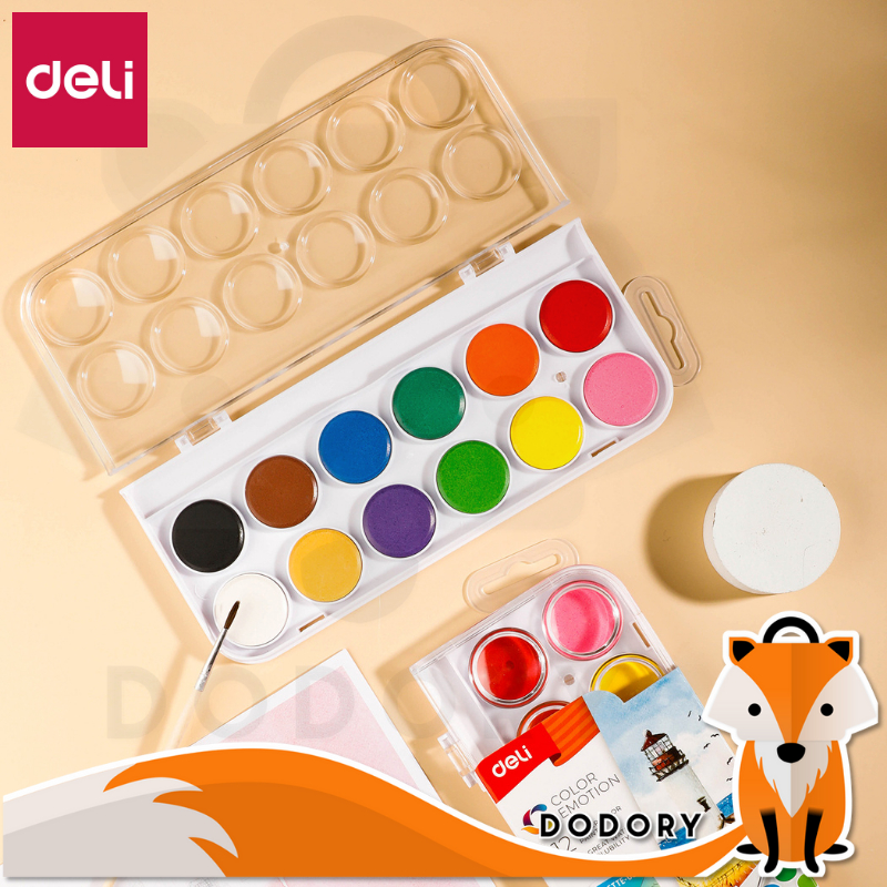 DODORY DELI020 Watercolor Painting / Cat Air Padat 12 Warna Gratis Kuas Kualitas Tinggi