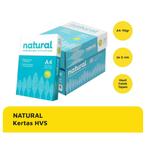 KERTAS HVS / PRINT / FOTOCOPY NATURAL A4 70 GRAM (1 BOX = 5 rim ) MURAH