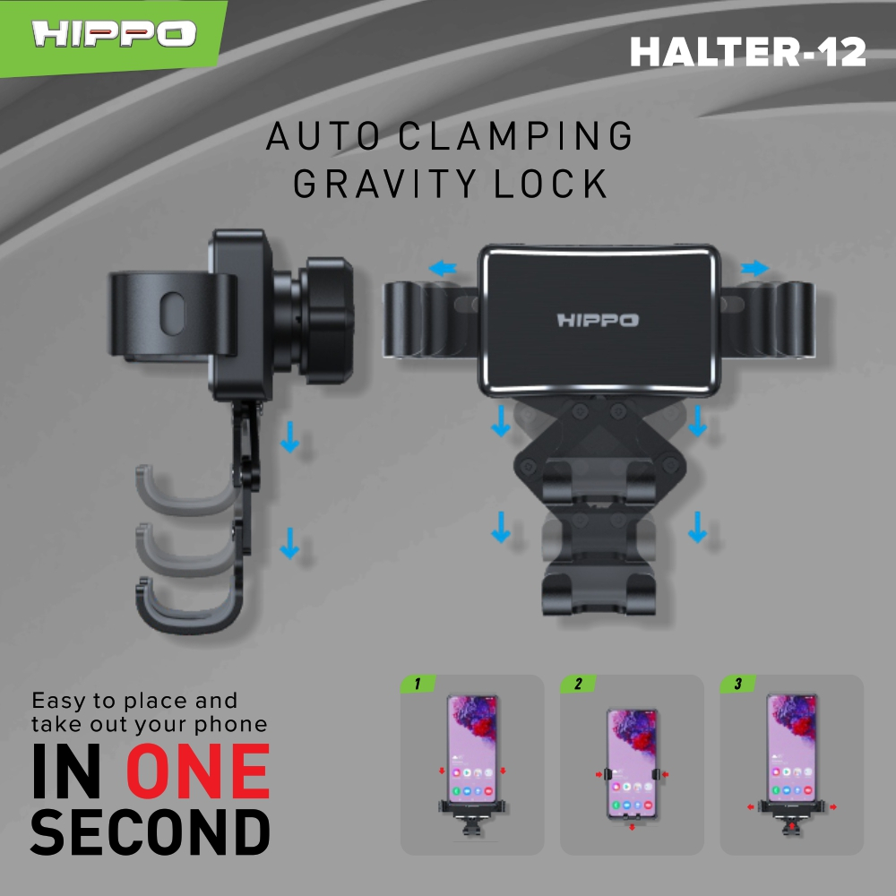 HIPPO Halter-12 Universal Car Phone Holder Auto Gravity Lock Auto Clamping Rotasi 360°