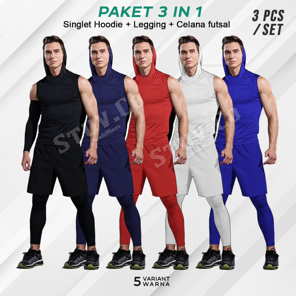 PAKET 3IN1 BASELAYER OLAHRAGA SINGLET HOODIE LEGGING PANJANG DAN CELANA DRYFIT FUTSAL SEPAKBOLA BASKET GYM FITNESS JOGGING LARI UNISEX