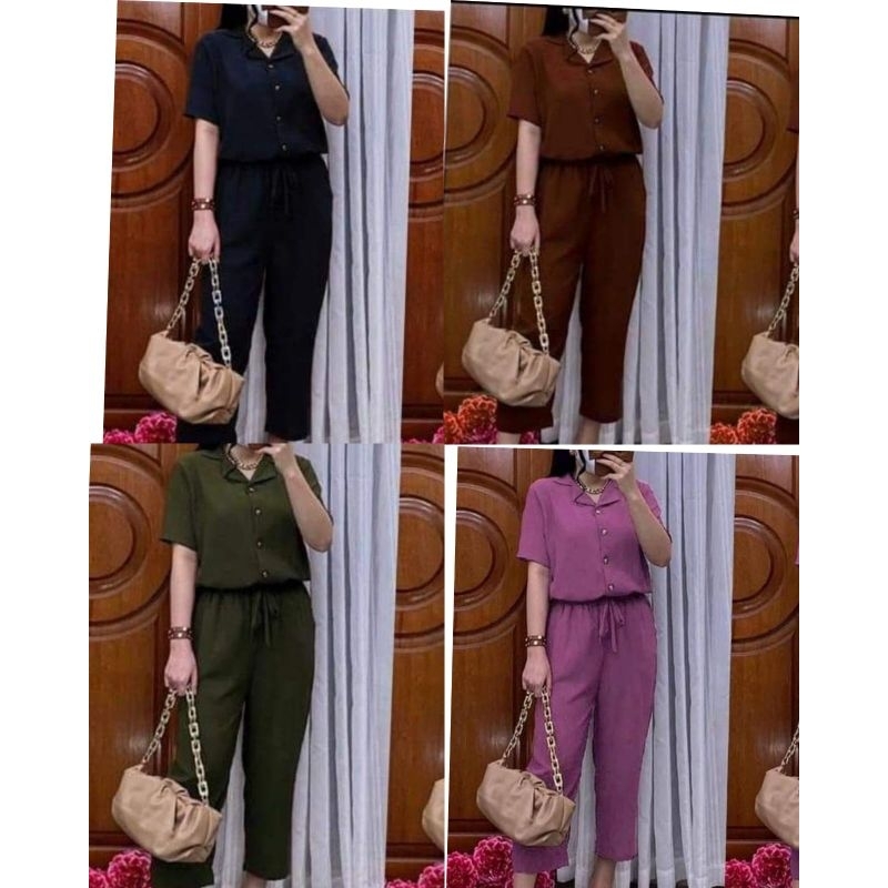 One set Andin kerah Bahan cringkel premium/setelan leher kerah