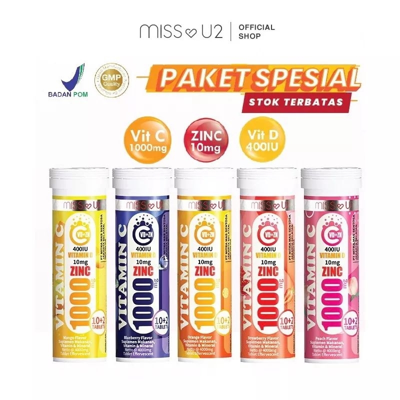 Miss U2 Vitamin C1000, Vitamin D & Zinc - Tablet Effervescent isi 12 Tablet