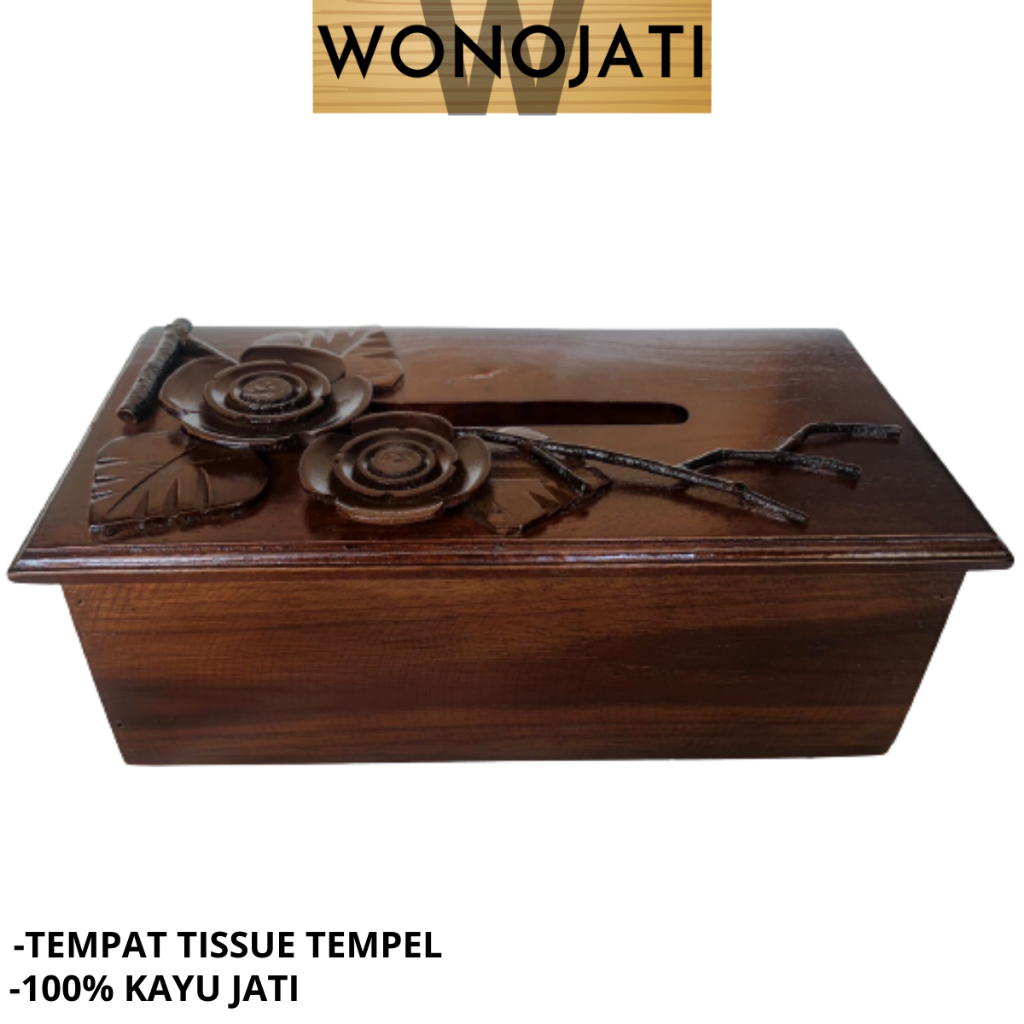 tempat tisu kayu jati ukir terbaru motif bunga tempel