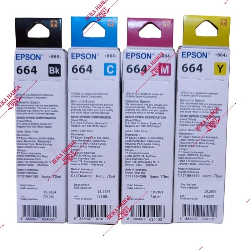 Tinta Printer 664 Original L100/L110/L120/L200/L210/L220/L300/L310/L350/L355/L360/L365/L380/L385/L405/L455/L480/L485/L550/L555/L565/L655/L1300/1455 isi 70ml