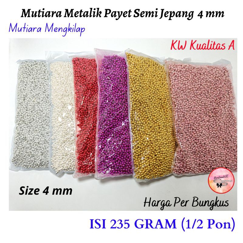 Mutiara Bulat Metalik Payet Grosir Semi Jepang 4 mm KW Kualitas A Mote Jahit