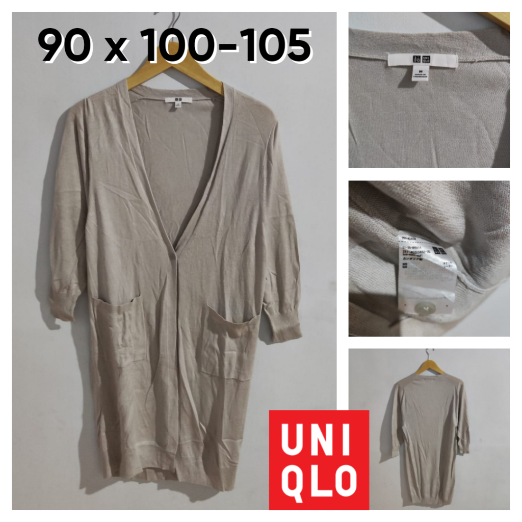 Long Cardigan UNIQLO Abu Abalone  Kecoklatan V Neck 1 Kancing Size M Saku Sweater Cardi Panjang Wani