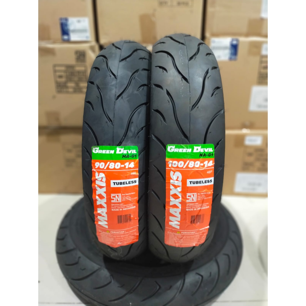 Paket Maxxis Green Devil 90/80-14 Dan 100/80-14 Ban Motor Matic Ring 14 Tubeless Gratis Pentil