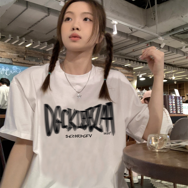Print T-shirt Kaos Lengan Pendek Vintage English Design Printing Oversize Atasan Wanita Korean Style