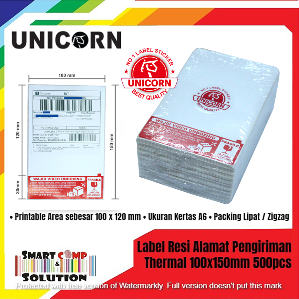 Label Thermal Unicorn Lite Resi Alamat Pengiriman 100x150mm - Stiker Video Unboxing