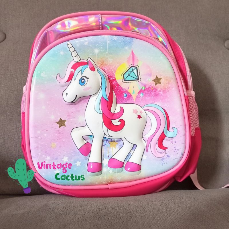 New - Tas Ransel Anak Kecil Perempuan Sekolah Paud / Pra TK / PG PlayGroup - Unicorn - Pink - Timbul