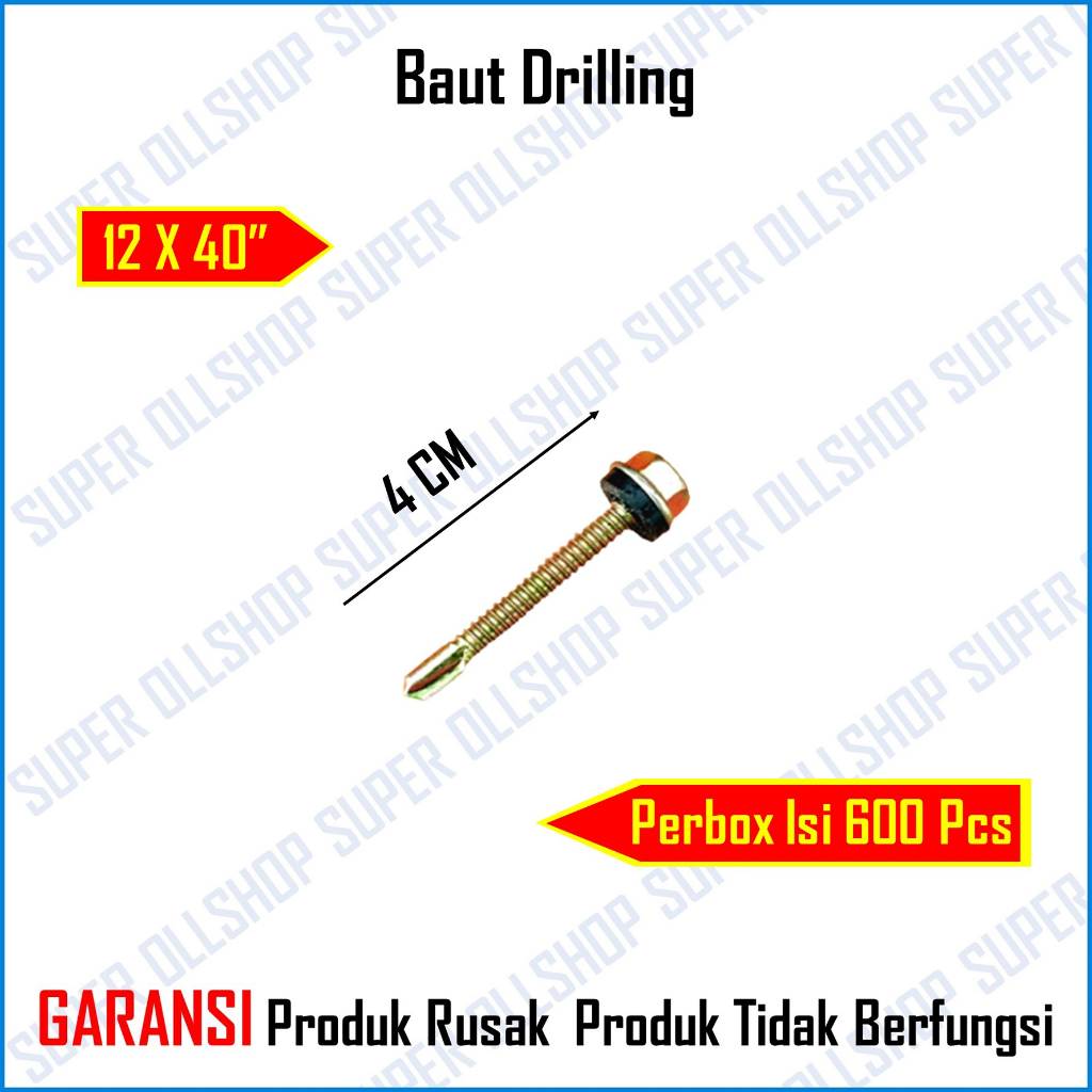 Baut Drilling Skrup Sekrup Roofing Baja Ringan Kuning Panjang 4 Cm 12x40 Harga 1 Kotak