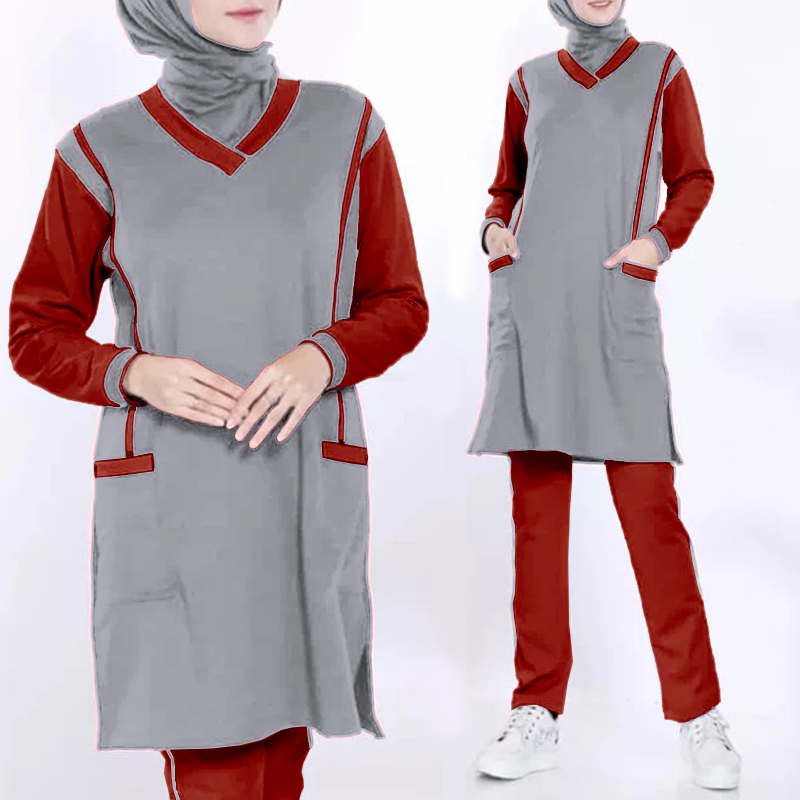 Seragam Olahraga Wanita Muslim 1 Set Baju dan Celana Senam Tunik Lengan Panjang Celana Panjang