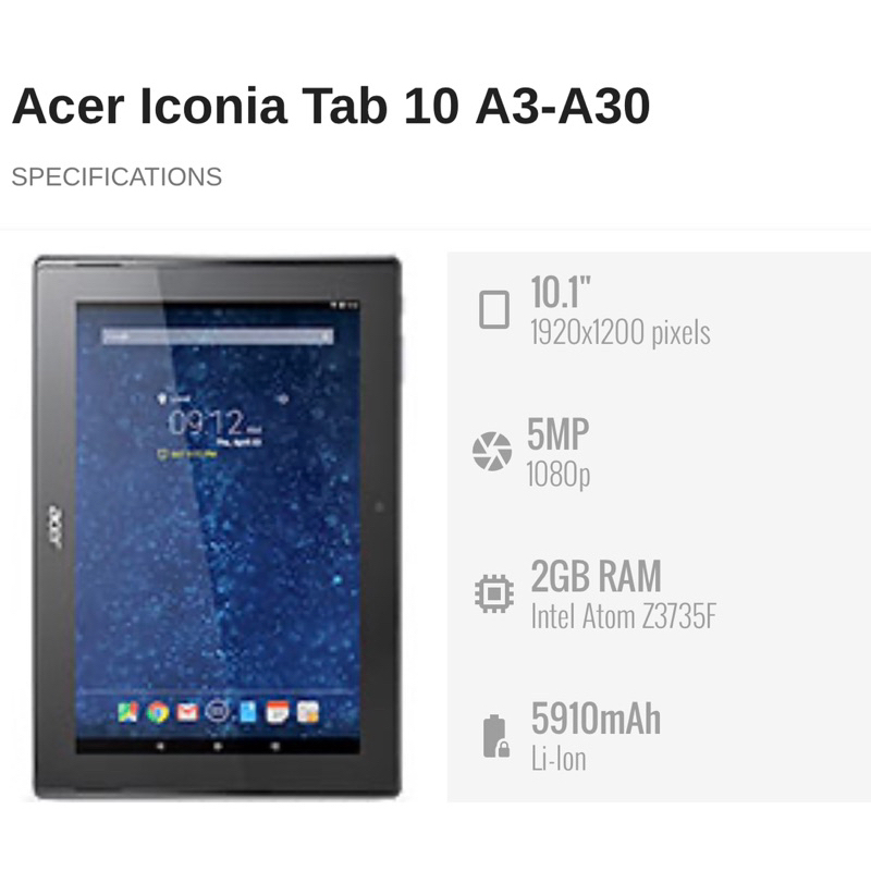 Tablet ACER ICONIA Tab 10inch Tab 10 A3-A30 Ram 2GB Rom 16GB seken Mulus