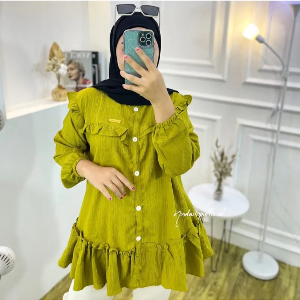 Ramdan Collection - Atasan Blouse Wanita Ruffle Lady Crush Premium Full Kancing Hidup Jumbo Ld 120 Atasan Wanita Korean Style Lengan Panjang