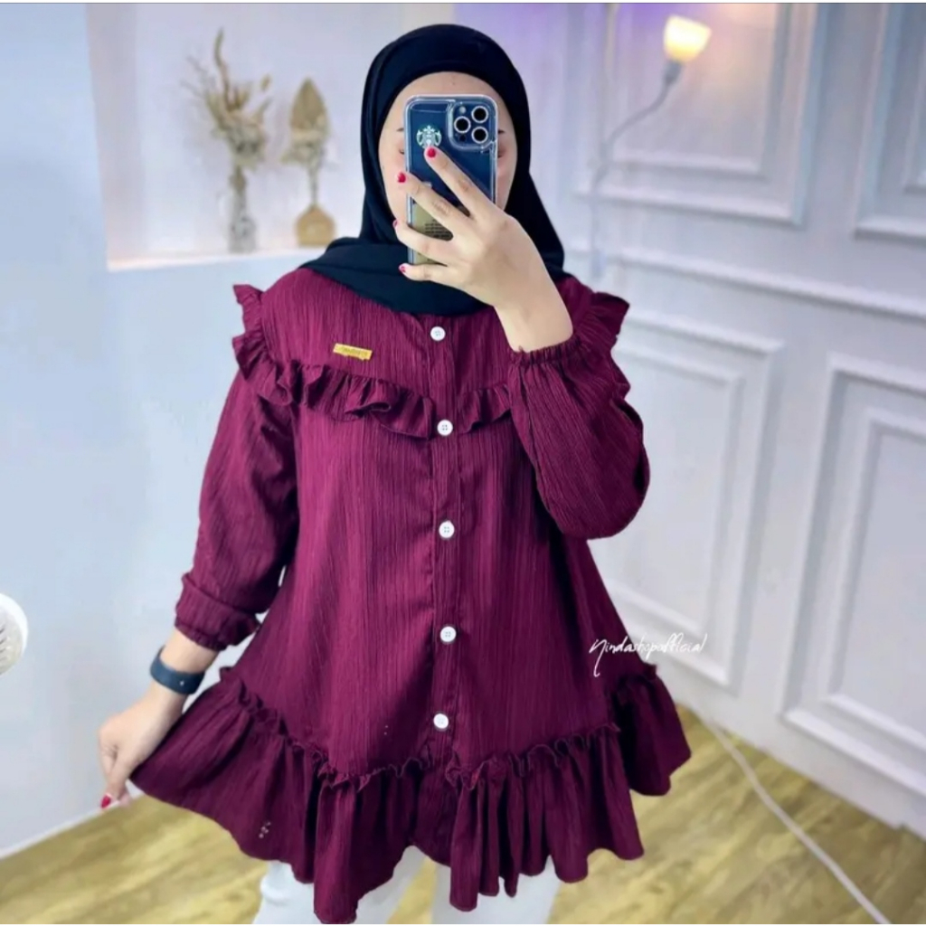 Ramdan Collection - Atasan Blouse Wanita Ruffle Lady Crush Premium Full Kancing Hidup Jumbo Ld 120 Atasan Wanita Korean Style Lengan Panjang