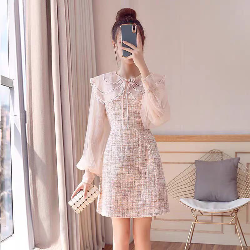 Spring And Autumn Style Ladies Luxury Collar Tweed Dress M478