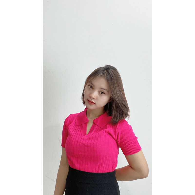 Atasan Kerah polo Rajut - Vneck Crop Top Blouse - Polo Shirt Atasan Wanita