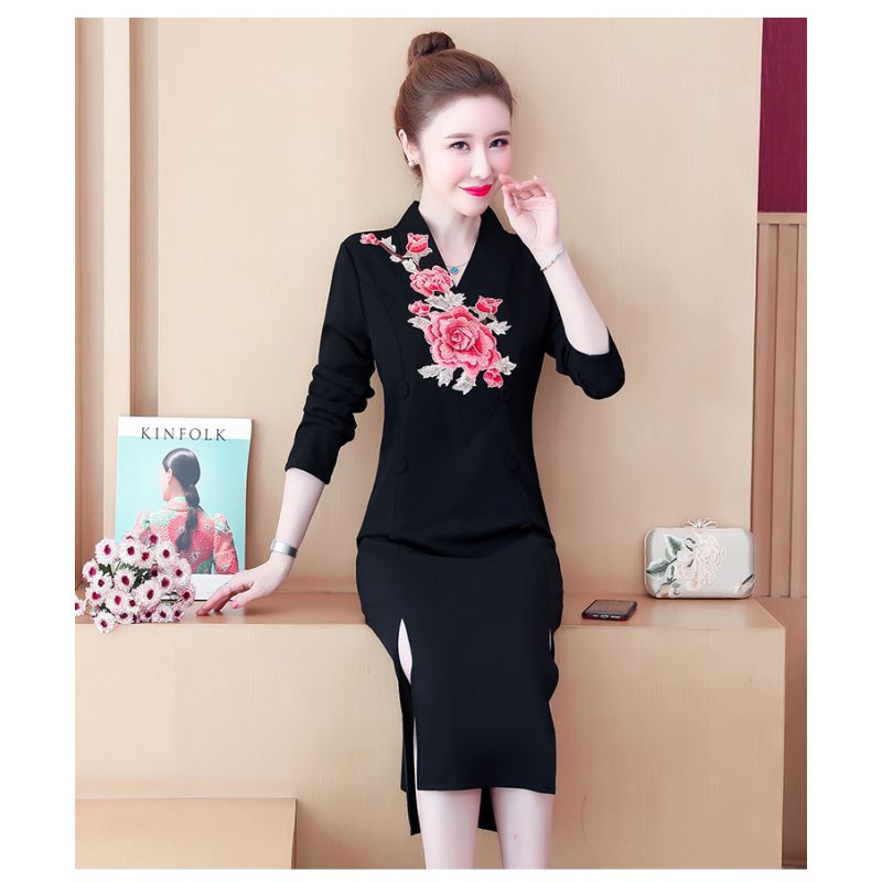 Dress wanita hitam motif bunga cantik Korea lengan sedang elegant
