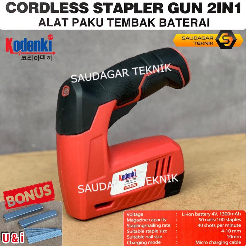 Mesin Paku Staples Tembak 2 In 1 Baterai Batre Kodenki Cordless Stapler Nailer Gun Alat Staples Tembak Jok Kursi Bangku Kayu Furniture