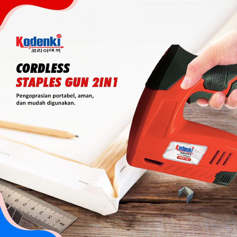 Mesin Paku Staples Tembak 2 In 1 Baterai Batre Kodenki Cordless Stapler Nailer Gun Alat Staples Tembak Jok Kursi Bangku Kayu Furniture