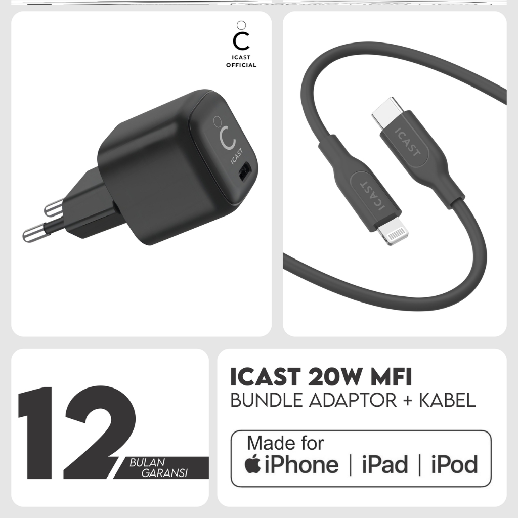 Charger iPhone 20W MFi Fast Charging iCast Mini Adaptor 20W USB C To Lightning [Bundle Adaptor &amp; Kabel]