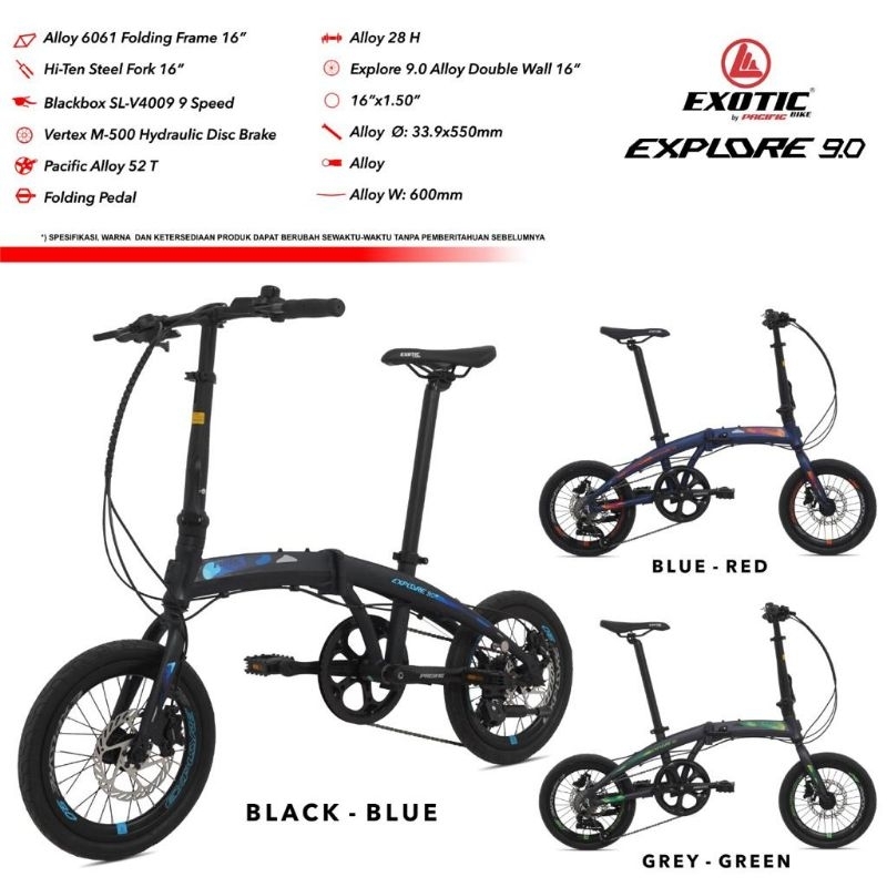 Sepeda Lipat Ukuran 16 Exotic Explore 9.0 Alloy Hidrolik 9 speed Murah / Folding Bike Ukuran 16 Exot