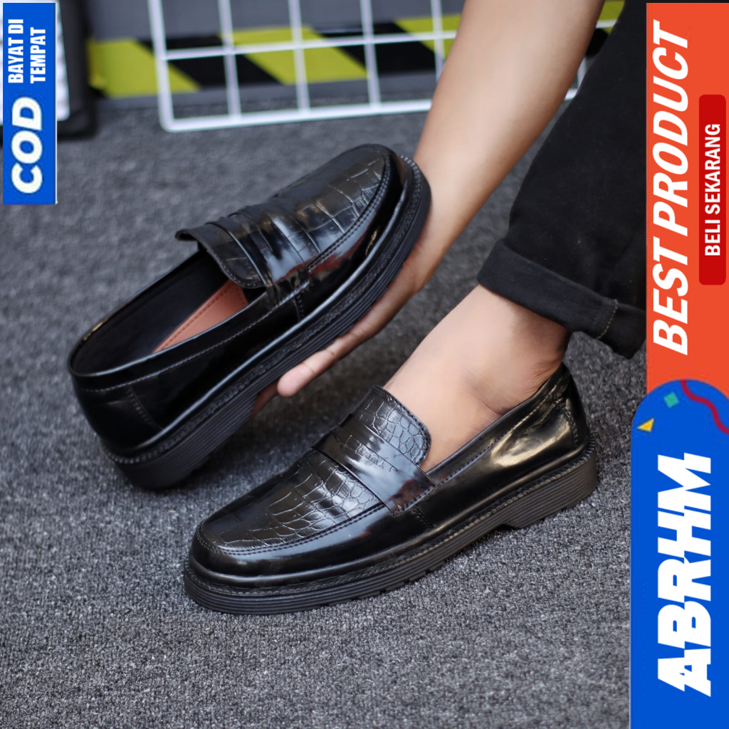 ABRHM Sepatu Loafers Docmart Formal Pantofel Kerja Hitam Pria