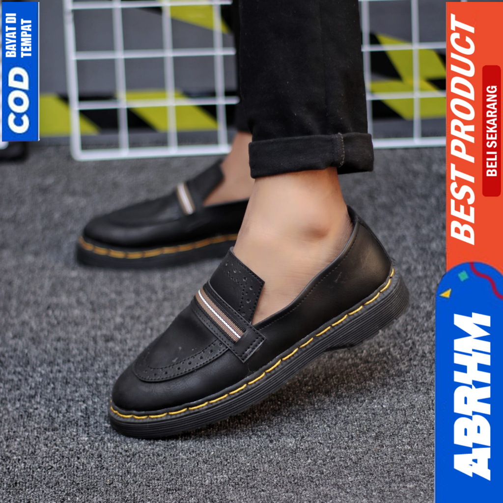 ABRHM Sepatu Loafers Formal Pantofel Docmart Kerja Hitam Pria