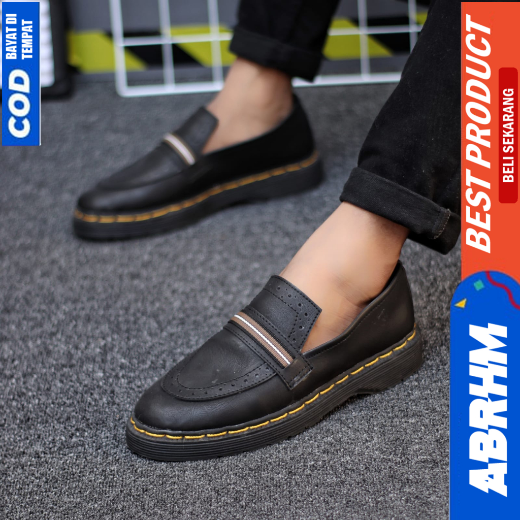 ABRHM Sepatu Loafers Formal Pantofel Docmart Kerja Hitam Pria