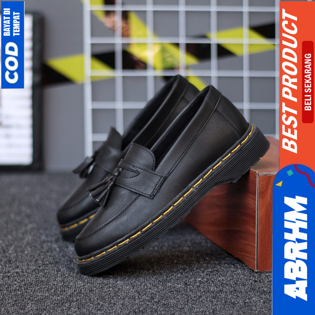 ABRHM Sepatu Loafers Formal Pantofel Docmart Casual Kerja Hitam Pria