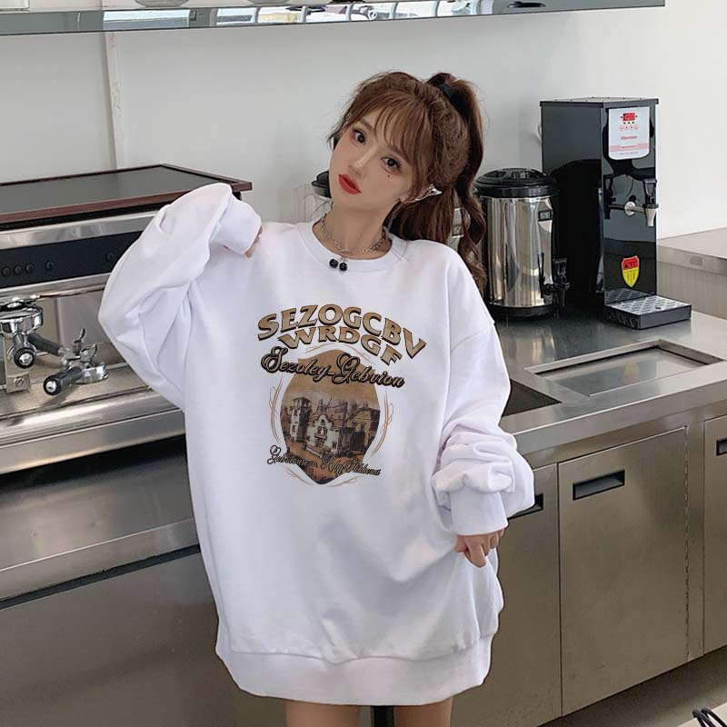 Kaos Stasan Wanita Oversize Couple Sweater American Vintage Cartoon Graphic Priting Top Kekinian Casual Sweater