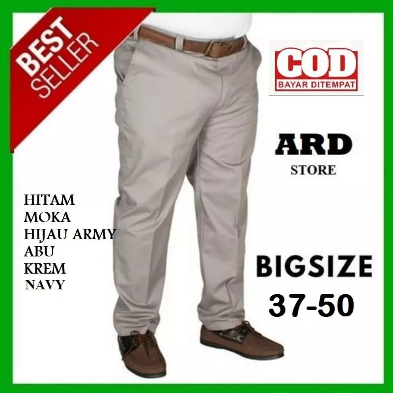 Celana Panjang Pria Katun Jumbo Chino Melar Ukuran 34 50 Reguler Big Size Super Besar Standar Premium Warna Hitam Abu Mocca Krem Slim Fit Formal Real Pict