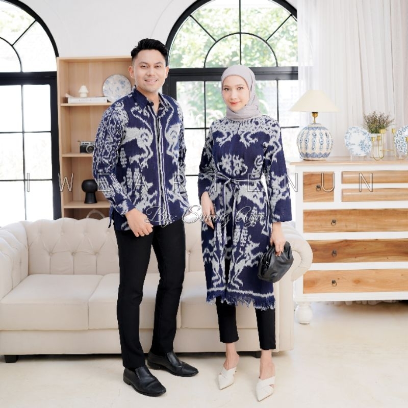 SET COUPLE KEMEJA DAN DRESS TENUN IKAT JEPARA MOTIF SUMBA NAVY