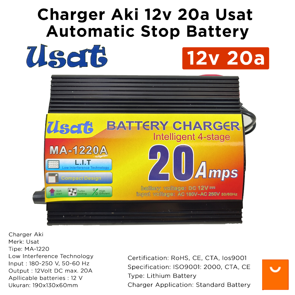 Charger Aki 12v 20a Usat Automatic Stop Battery Full Charger Cas ACCU Motor Mobil MA-1220