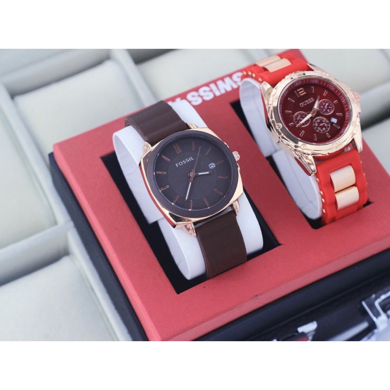 (Terima Cod)Jam Tangan wanita Fashion Buy 1 Get 1 Paket Hemat Kado FsL Bulat+Gues Ring Rose Tanggal Aktif Strap Rubber/Karet(Dikirim Jakarta)Free Box