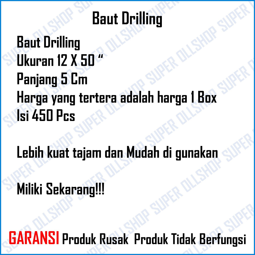 Baut Baja Ringan Sekrup Drilling Roofing Atap Galvalum 12x50 Panjang 5 Cm Kunci Sock 8 MM Harga 1 Kotak