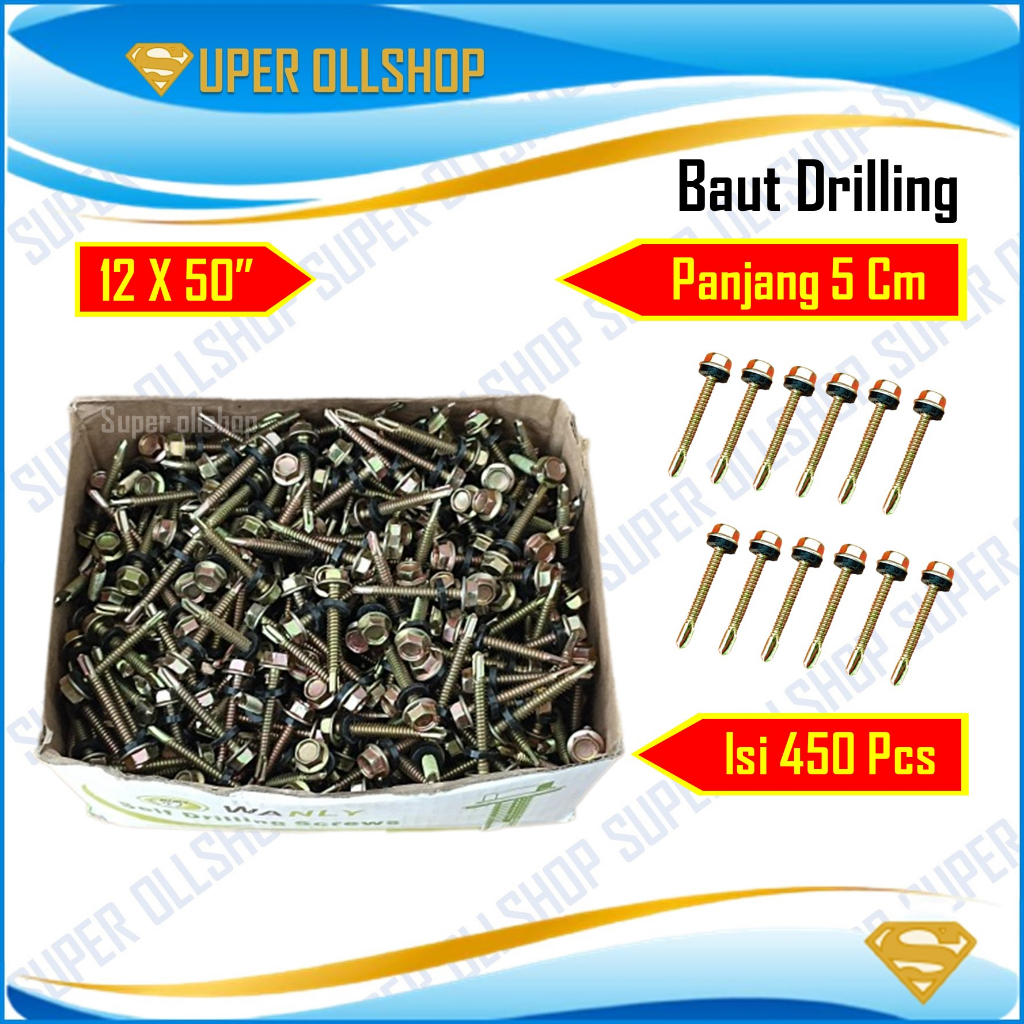 Baut Baja Ringan Sekrup Drilling Roofing Atap Galvalum 12x50 Panjang 5 Cm Kunci Sock 8 MM Harga 1 Kotak