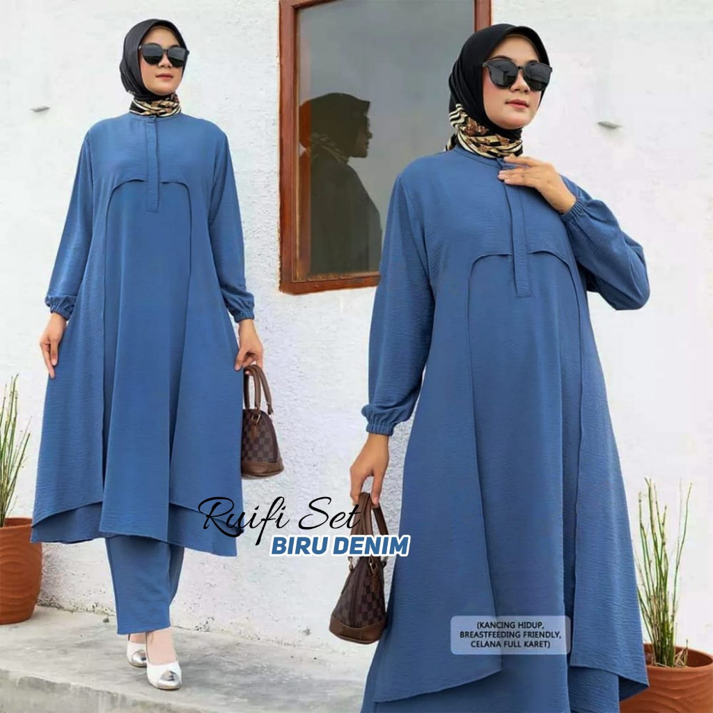 Ruifi Set Baju Setelan Wanita Jumbo Bahan Crinkle Air Flow / One Set Wanita Terbaru