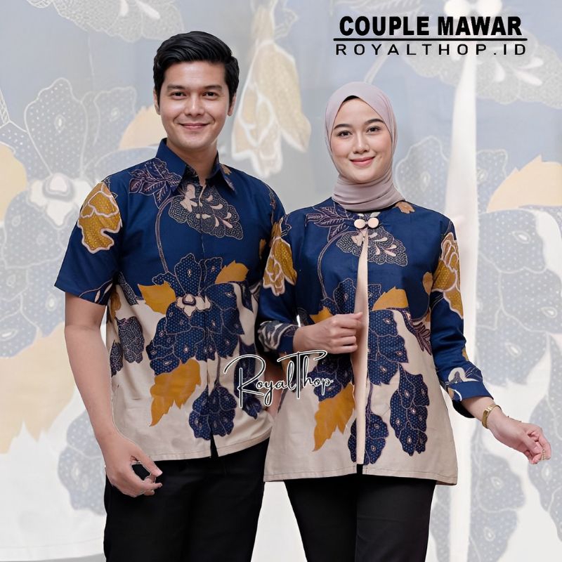 COUPLE TUNIK KEMEJA MAWAR BIRU BATIK COUPLE MODERN BATIK TRENDING INTERNATIONAL COUPLE