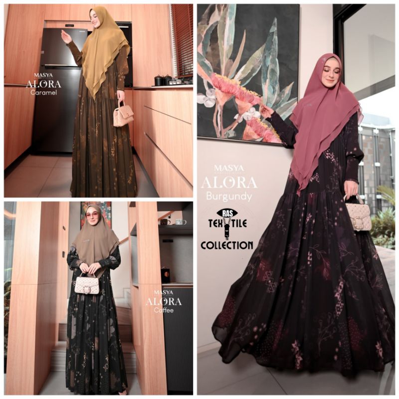 Set Gamis Dress Ceruty Babydoll Printing Premium Syari Pink Fanta - Coklat Tua - Mocca - Burgundy - 