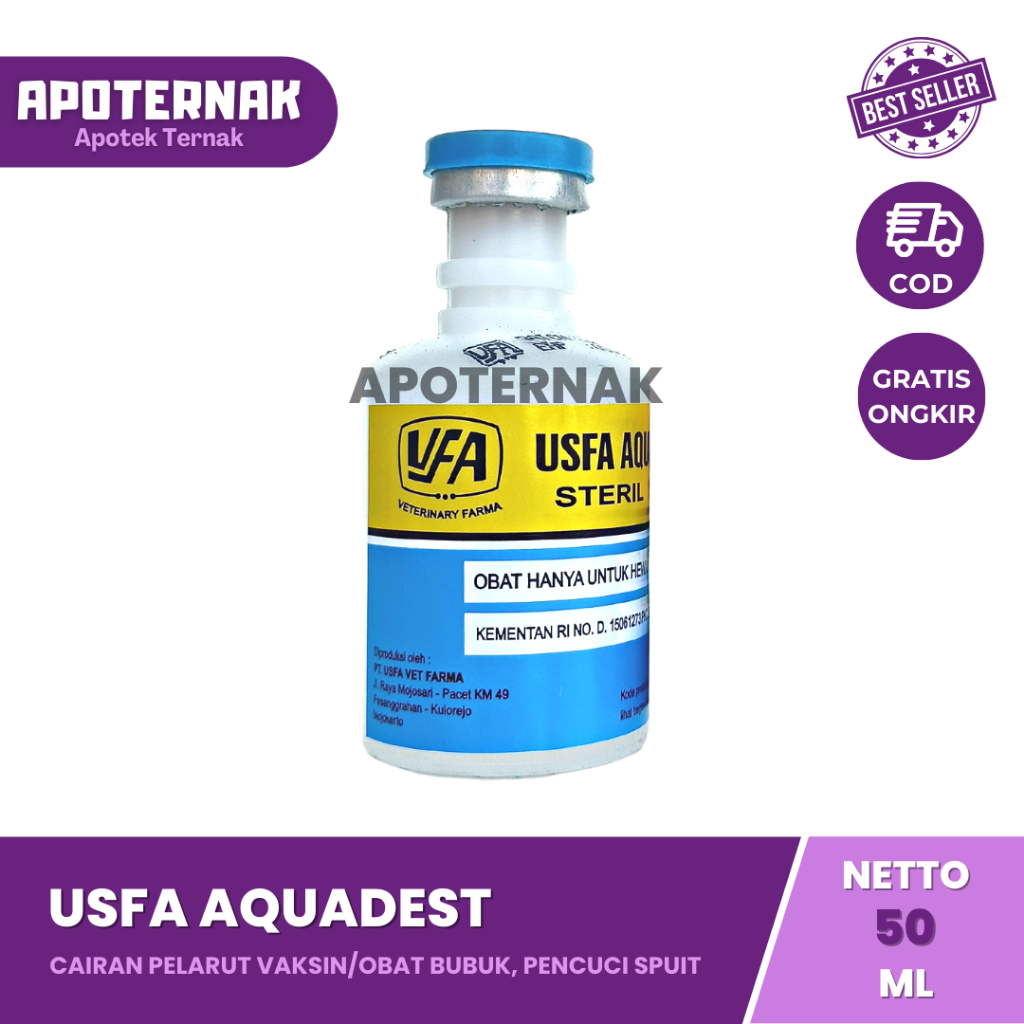 USFA AQUADEST 50 ml | Aquades Air Streril | Cairan Pelarut Vaksin atau Obat Bubuk | Cairan Pencuci Spuit