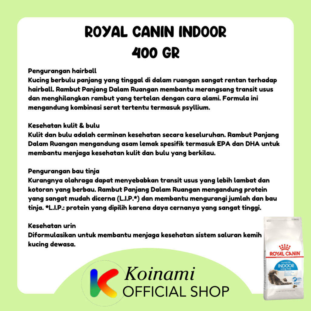 ROYAL CANIN INDOOR 400 GRAM / CAT FOOD / MAKANAM KUCING