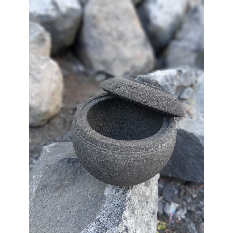 set lumpang tutup bulat, batu asli (lumpang+tutup+alu)