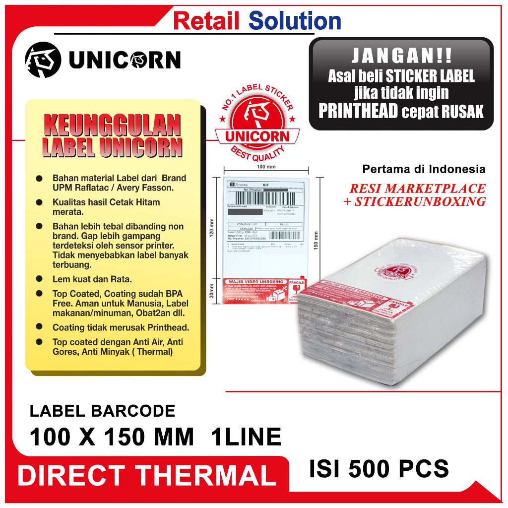 Stiker Label Thermal AWB Resi Alamat Unboxing Fragile A6 100x150 Lipat