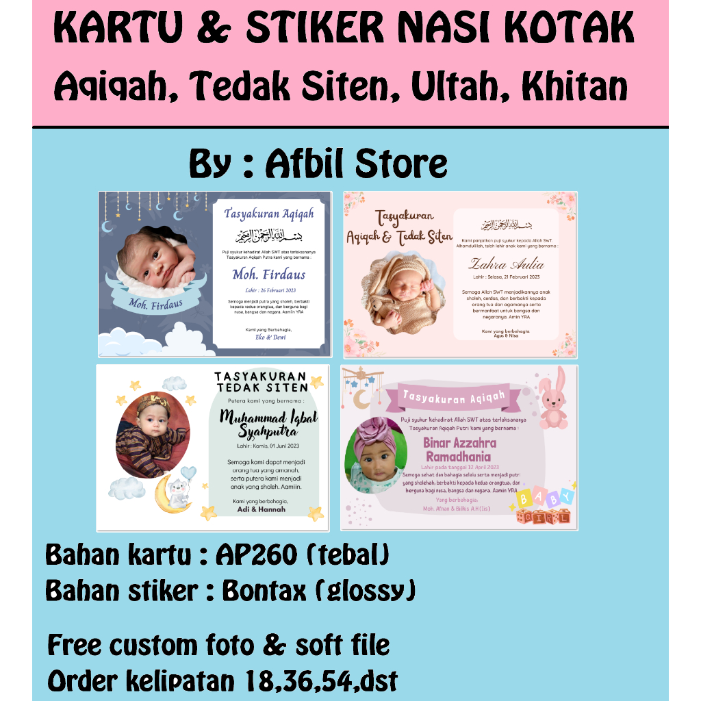 

Stiker Tasyakuran Selapan Aqiqah Tedak Siten Ulang Tahun Khitan Kelahiran Anak / Stiker Label Nasi Kotak Free Custom Foto