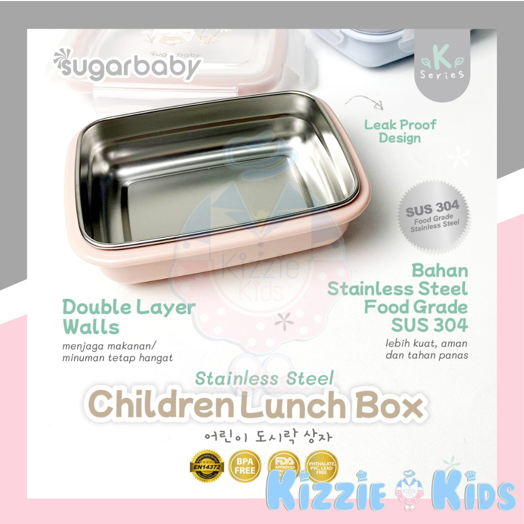 Sugar Baby Stainless Steel CHILDREN LUNCH BOX / BOWL witk LID / CUP with LID / SPOON &amp; FORK Set / Healthy SILICONE FEEDING SET